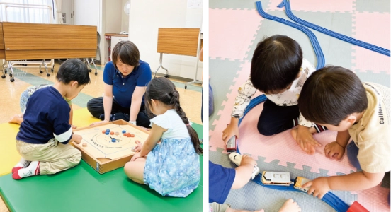 エジプト発ボードゲームで遊ぶ子どもの写真とおもちゃの線路をつないで遊ぶ子どもの写真