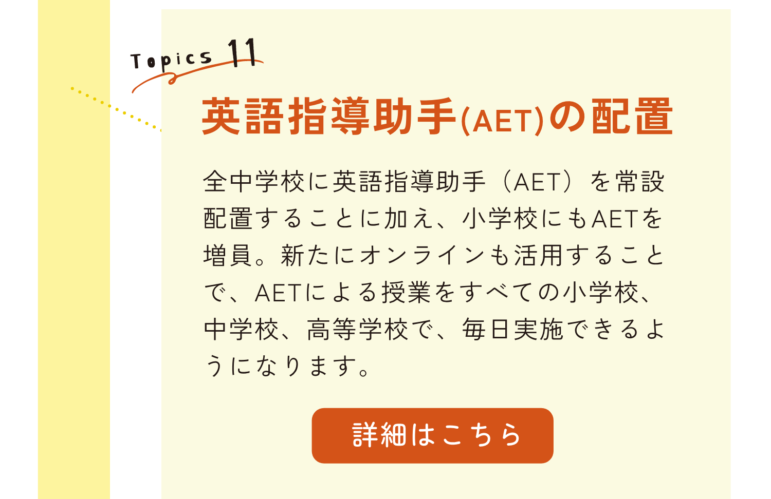 TOPICS11｜英語指導助手（AET）の配置｜全中学校に英語指導助手（AET）を常設配置することに加えて、小学校にもAETを増員。新たにオンラインも活用することで、AETによる授業をすべての小学校、中学校、高等学校で、毎日実施できるようになります。｜詳細はこちらのリンクから